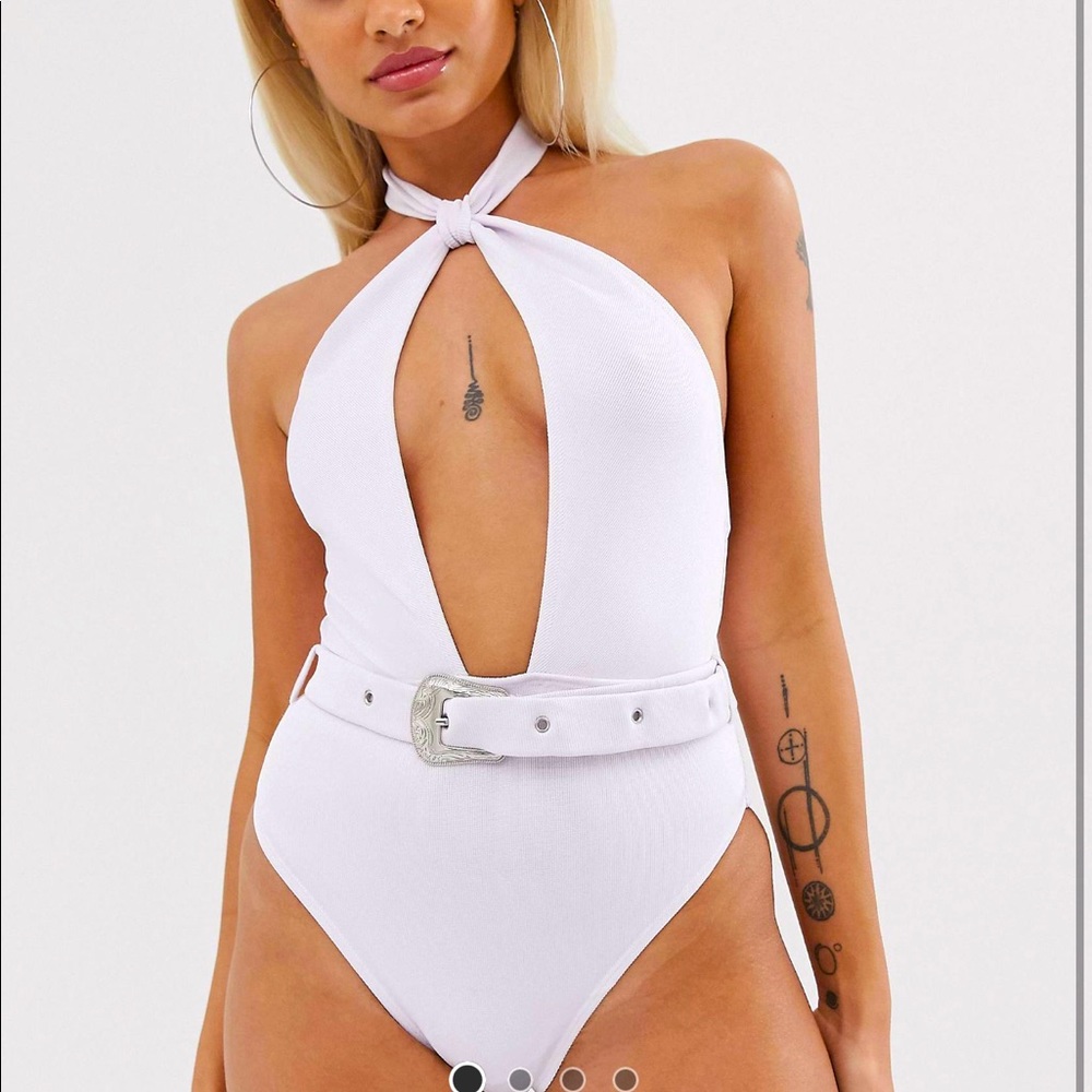 High neck deep plunge western belted swimsuit